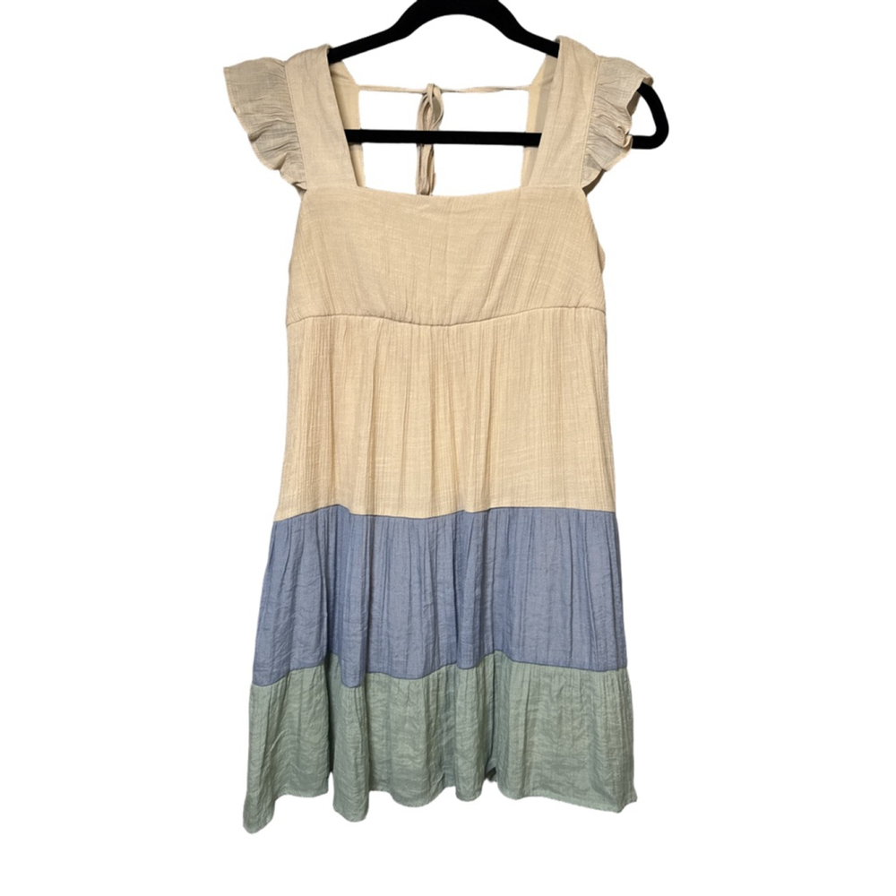 AS U WISH Tiered Mini Dress Beige Blue Green Size S Color Block Ruffle Smocked